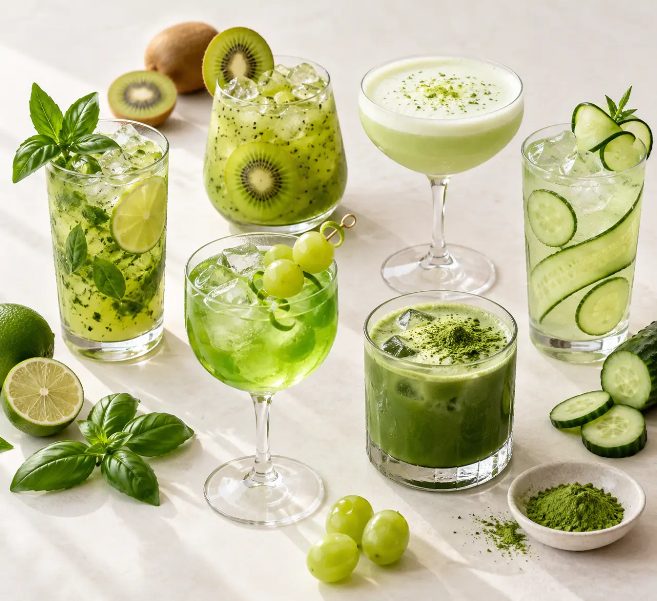 Cocktails vert de six couleurs avec basilic, kiwi, menthe, concombre et matcha