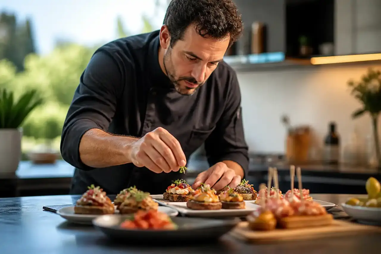 Chef dressant un plat gastronomique sur une table rustique en bois