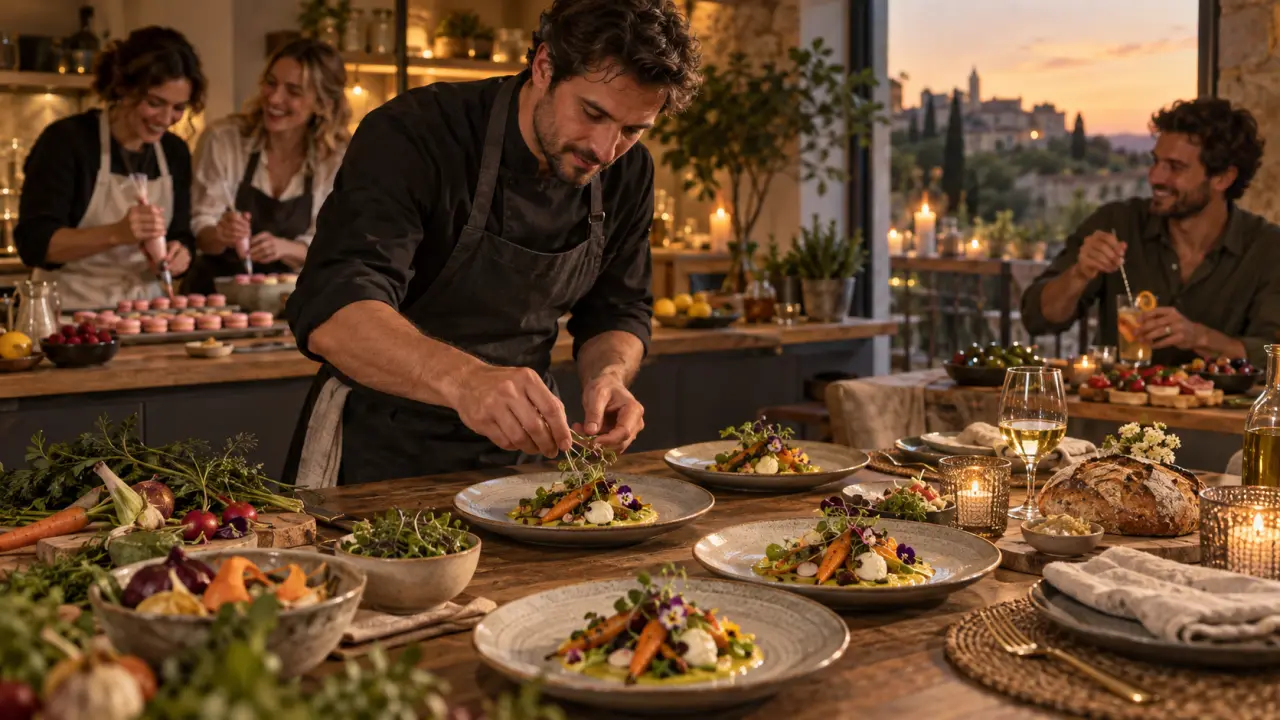 Chef dressant un plat gastronomique sur une table chaleureuse