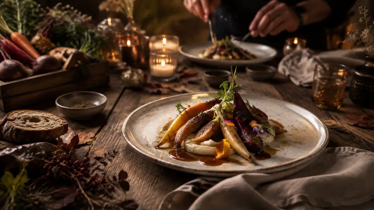 Chef dressant un plat gourmand d’automne avec légumes racines sur une table rustique