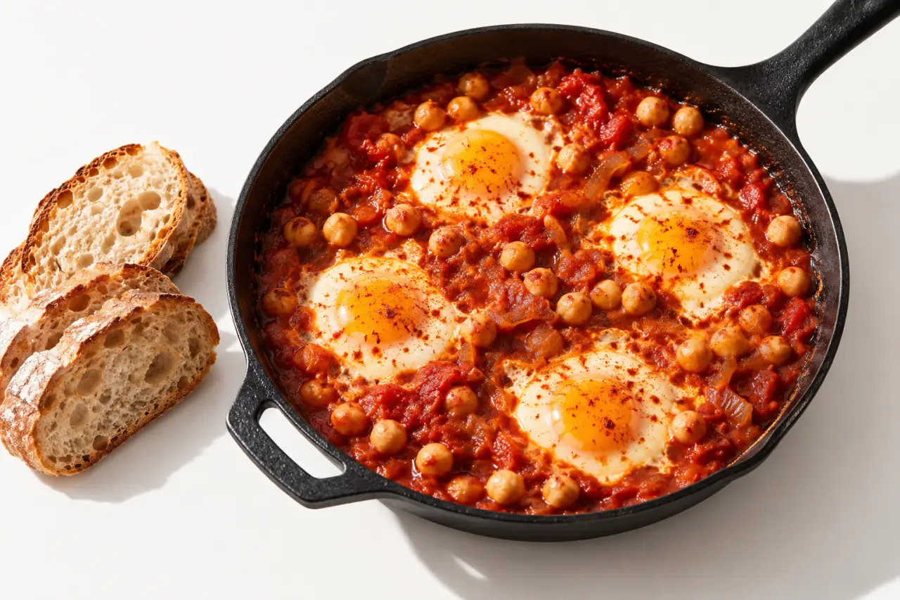Recette à la poele d’œufs aux tomates et pois chiches