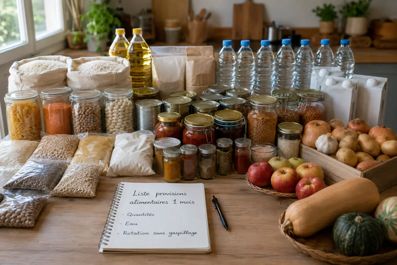 Liste provisions alimentaires 1 mois : quantités, eau et rotation sans gaspillage