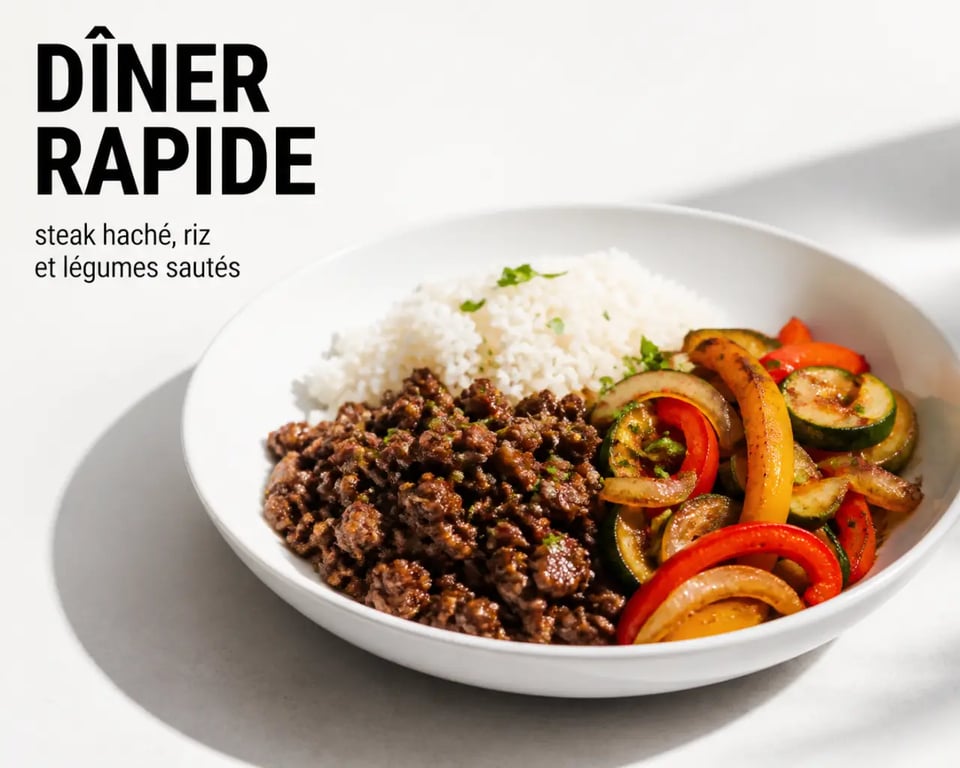 Idées repas avec steak haché : poêlée rapide de steak haché, riz et légumes dans une assiette appétissante
