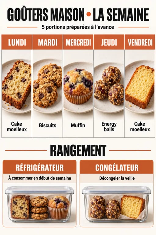 Goûter fait maison pour la semaine organisé en portions et formats variés