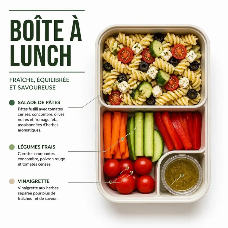 Idées repas froid : lunch box organisée pour le travail avec salade composée.