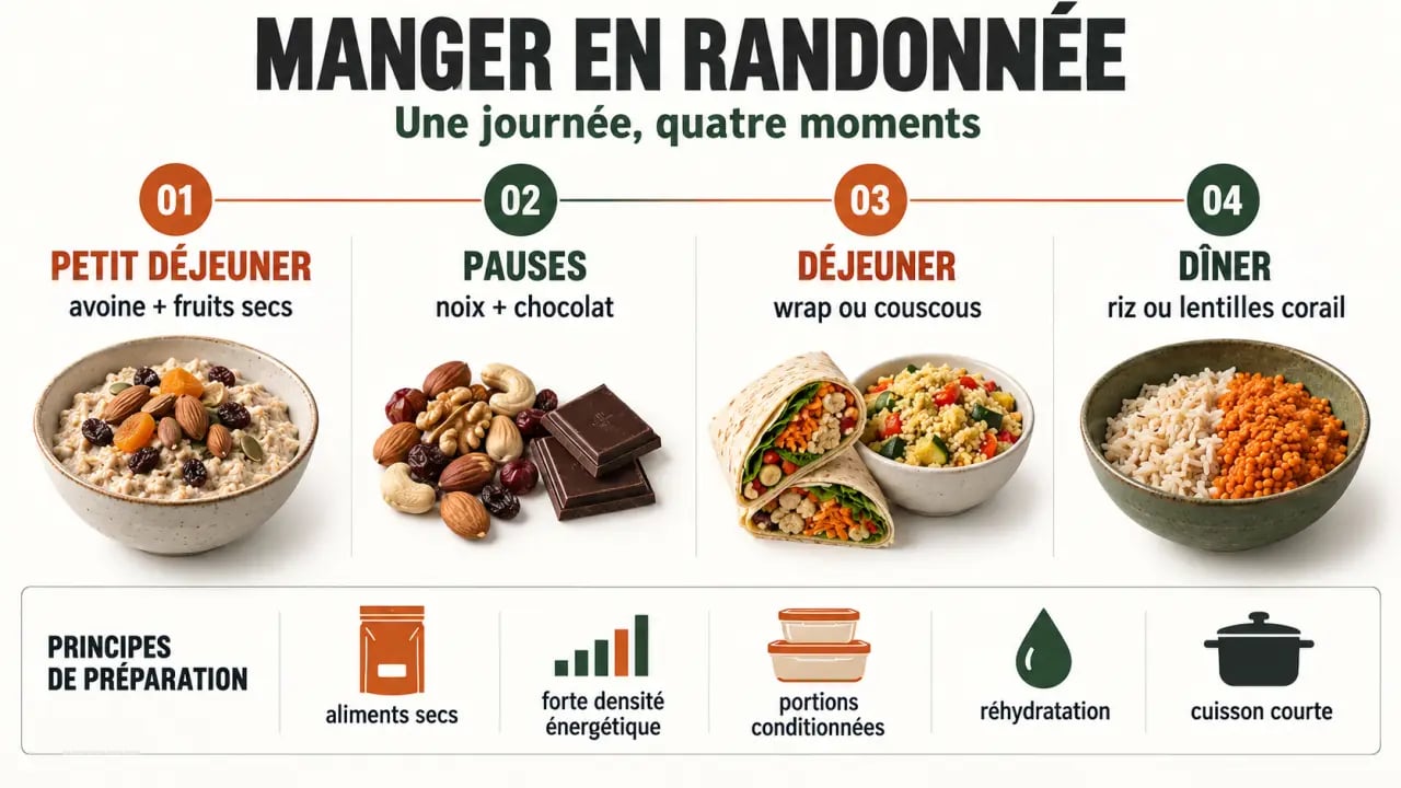 Infographie d'idées repas randonnée avec répartition du petit déjeuner, des pauses, du déjeuner et du dîner