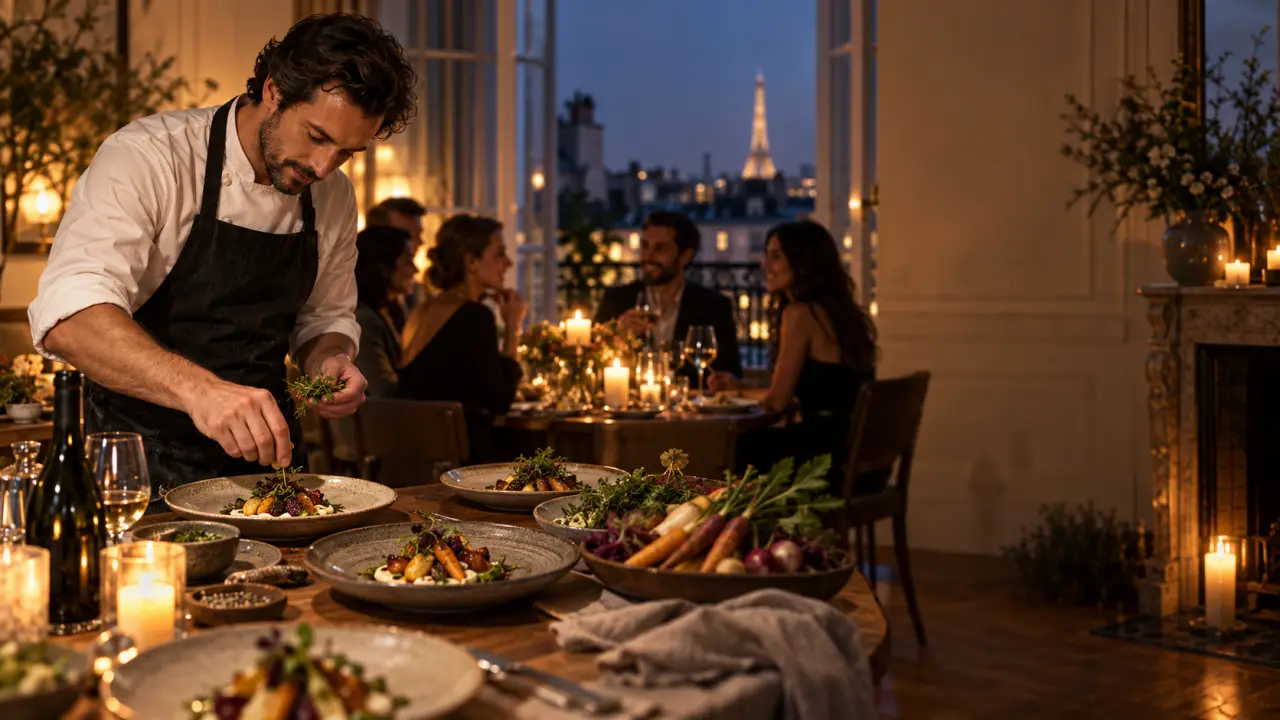 Un chef dresse un plat gastronomique sur une table en bois chaleureusement éclairée