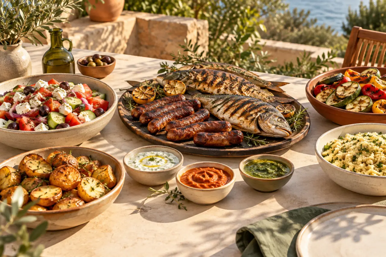 Idée accompagnement barbecue avec salade fraîche, légumes grillés, pommes de terre et sauces