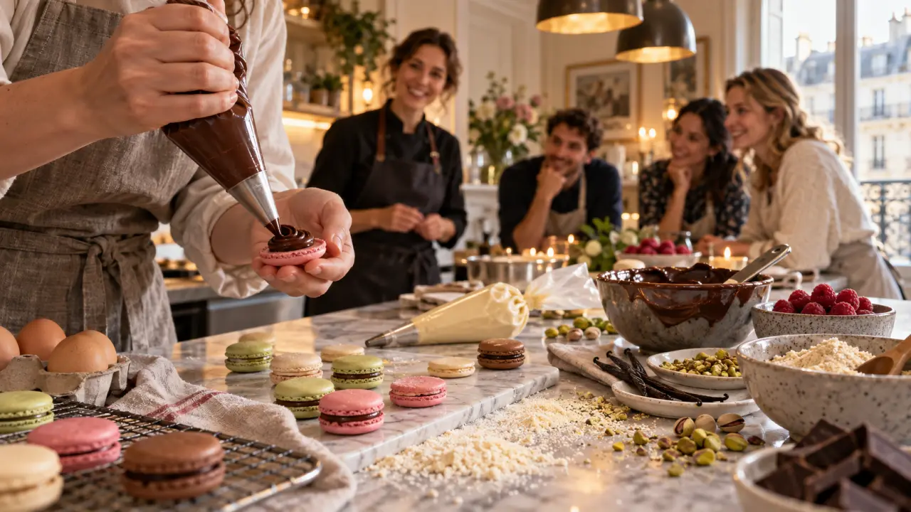 Macarons colorés préparés pendant une masterclass de pâtisserie à domicile