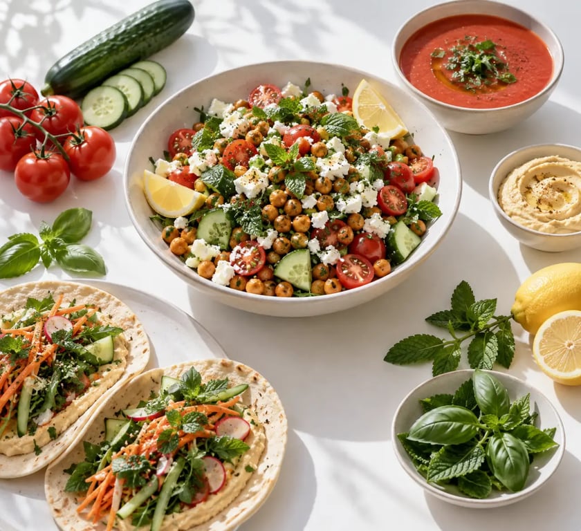 Idée repas canicule avec salade composée, wraps frais et gaspacho